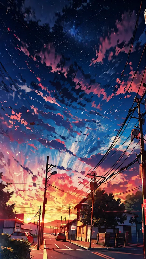 The image is an anime-style painting of a street in a Japanese town. The sky is a gradient of purple, pink, and blue, with white clouds. The street is lined with trees and houses, and there are cars parked on the side of the road. The street lights are on, and there is a starry night sky.