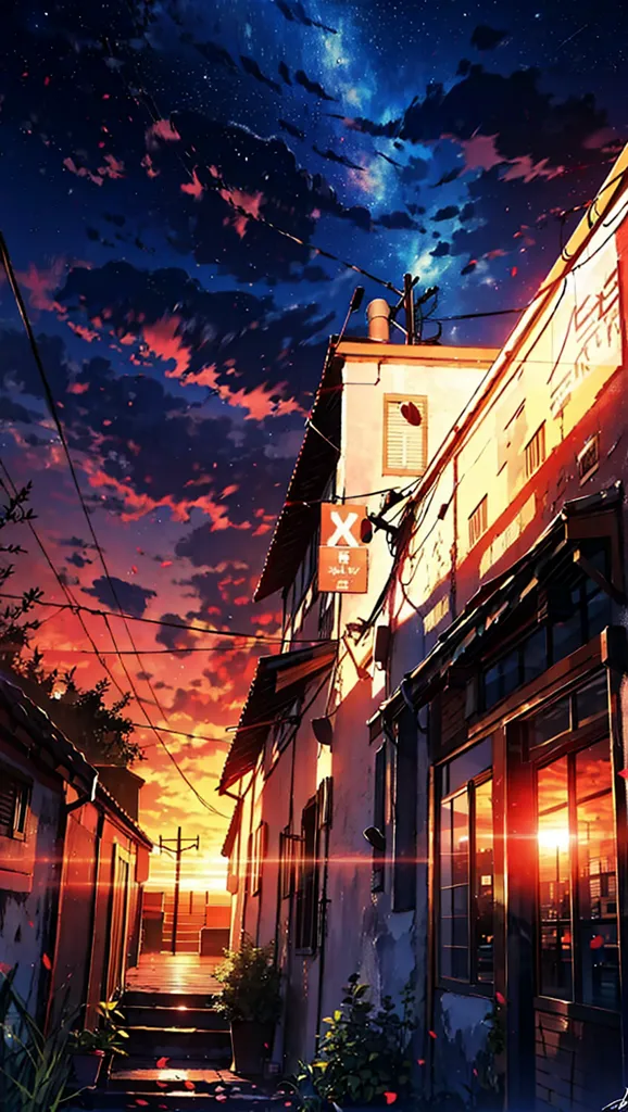 The image is an anime-style painting of a street in a Japanese city. The sky is a deep blue color, and there are some clouds in the sky. There are some stars in the sky. The buildings are mostly made of wood and have traditional Japanese architecture. The street is narrow and there are some trees and plants on either side of the street. There are some people walking on the street. The painting is very detailed and realistic.