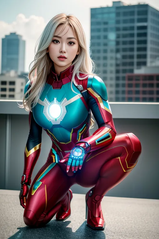 The image depicts a young woman dressed in a red and gold Iron Man suit. She is kneeling on a rooftop, with her left hand on her knee and her right hand extended, palm up. She has long blond hair and blue eyes, and her face is partially obscured by the Iron Man helmet. The background of the image is a cityscape, with tall buildings and a clear blue