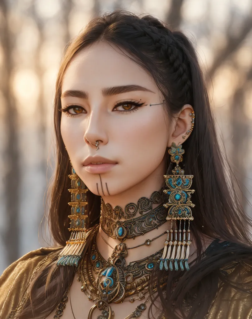 La imagen muestra a una mujer joven con el cabello oscuro y largo, ojos marrones y una piel ligeramente bronceada. Lleva un tocado dorado con piedras preciosas azules y verdes, así como un collar dorado con una gran piedra azul en el centro. También lleva un aro en la nariz y tiene marcas azules en la cara. El fondo está desenfocado y parece un bosque.