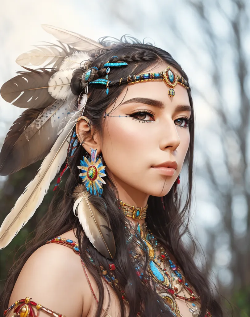 This image shows a young woman with long, dark hair. She is wearing a feathered headdress and a beaded necklace. Her face is painted with blue and white stripes, and she has a small red dot on her forehead. She is wearing a blue and white beaded dress with a fringe bottom. She is also wearing a pair of earrings made of feathers and beads. The background is blurred, but it looks like she is standing in a forest.