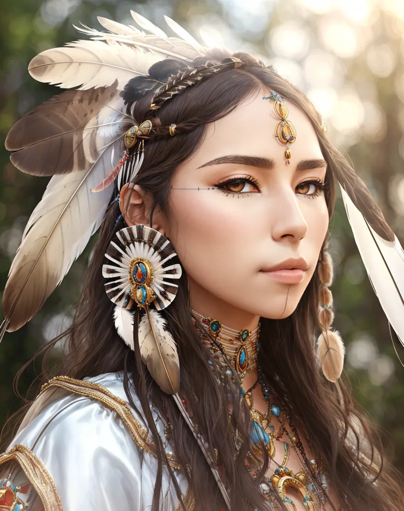 Cette image montre une jeune femme, probablement une Amérindienne, aux longs cheveux noirs, portant un couvre-chef traditionnel amérindien fait de plumes et de perles. Le couvre-chef est élaboré et coloré, avec un grand éventail de plumes à l'arrière et de plus petites plumes autour des côtés. Le visage de la femme est peint de lignes et de points sombres, et elle porte un collier fait de turquoise et d'autres perles. Sa robe est blanche et blanc cassé, avec une broderie et des perles complexes. L'arrière-plan de l'image est flou mais semble être une forêt.