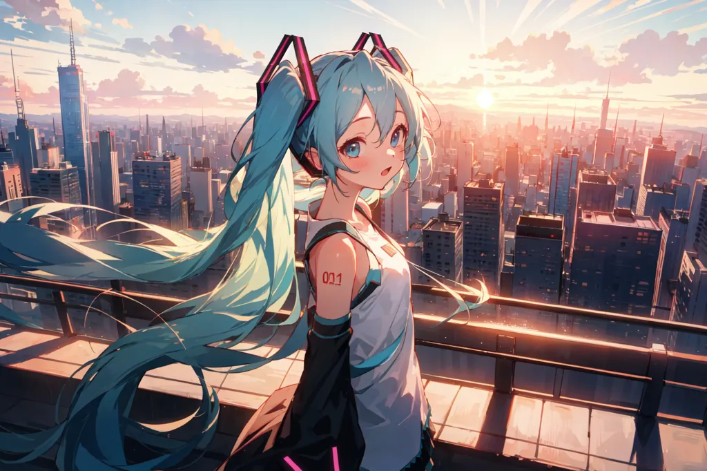 The image is of a young woman standing on a rooftop in a city. She is wearing a white tank top and black shorts. She has long blue hair and pink headphones. She is looking out at the city with a smile on her face. The sun is setting in the background, casting a pink and purple glow over the city. The image is drawn in an anime style.