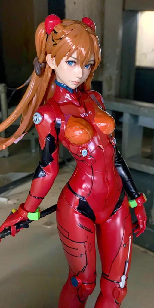 The image shows a figure of Asuka Langley Soryu, a character from the anime series Neon Genesis Evangelion. She is wearing her red Evangelion plugsuit and is standing in a determined pose. Her facial expression is serious and focused. The figure is made of PVC and is highly detailed. It is about 12 inches tall and comes with a variety of accessories, including a display stand, a weapon, and interchangeable hands.