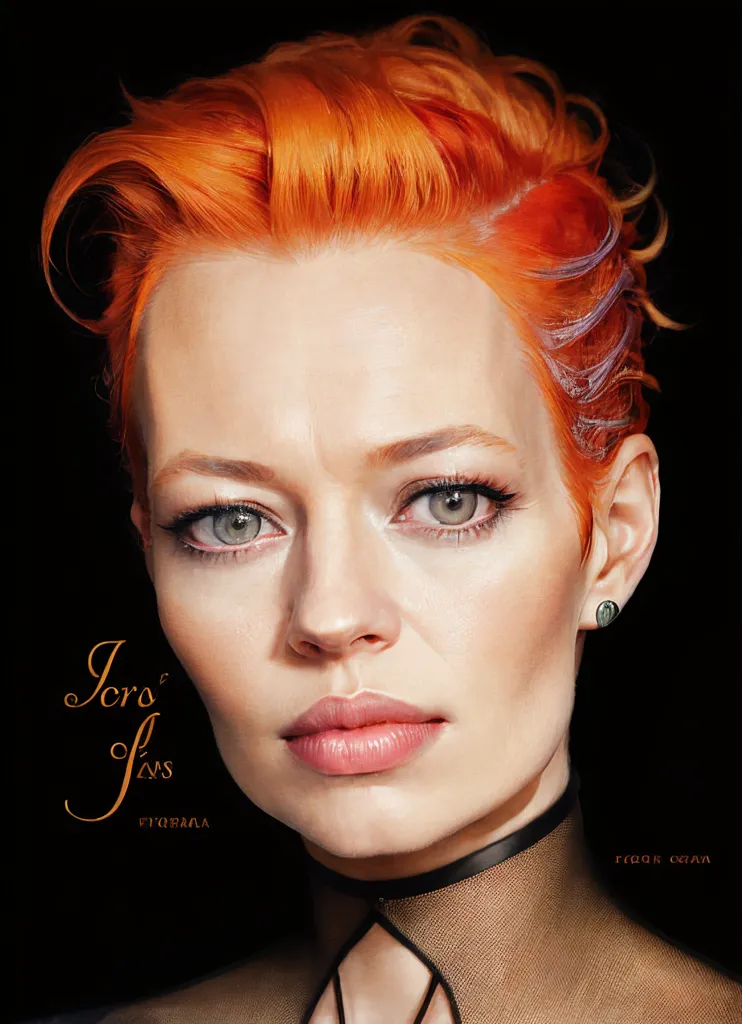 The picture shows a woman with short red hair and green eyes. She is wearing a black choker with a silver pendant. The background is black. The image is a digital painting.