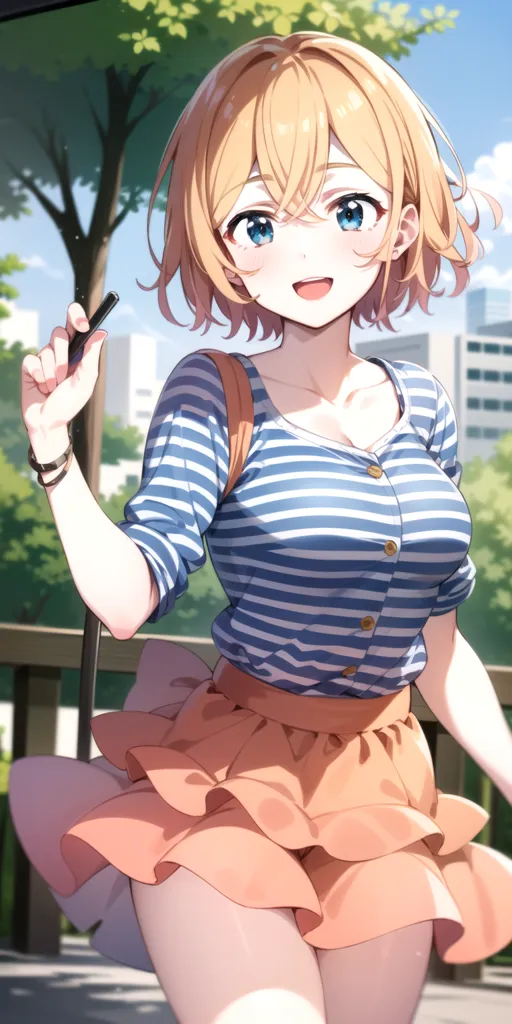 The image is a digital painting of a young woman with short blonde hair and blue eyes. She is wearing a blue and white striped shirt, an orange skirt, and a brown bag over her shoulder. She is holding a pen in her right hand and has a happy expression on her face. She is standing in a park with trees and buildings in the background.