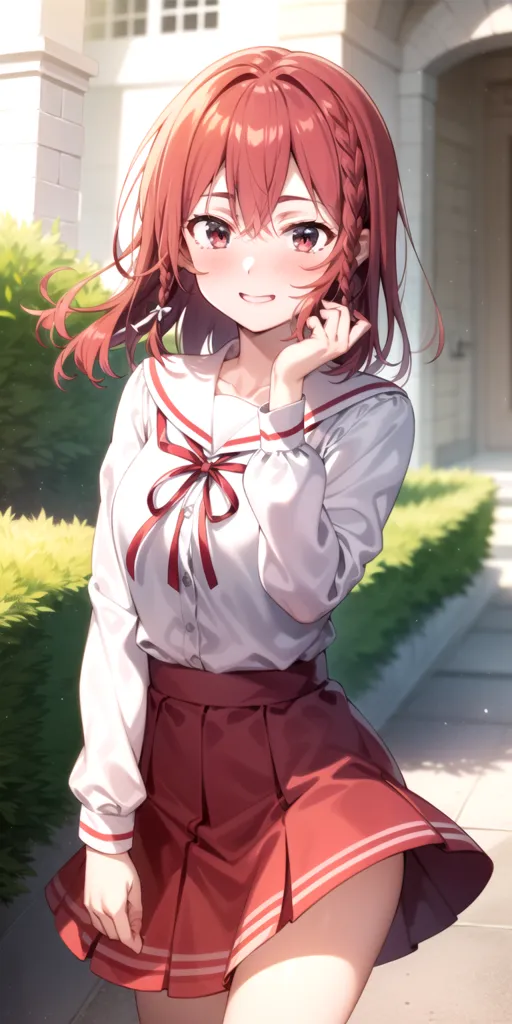 The image shows a young girl with long red hair and brown eyes. She is wearing a white blouse with a red bow, a red skirt, and a white hat. She is standing in a garden, surrounded by green plants. The girl has a shy smile on her face and is looking at the viewer.