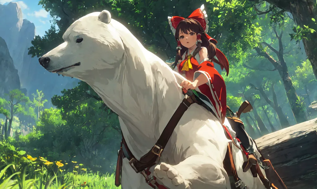 A imagem é de uma garota de anime com cabelos castanhos e um laço vermelho montada em um urso branco. O urso está caminhando por uma floresta e há árvores e montanhas ao fundo. A garota está usando um traje vermelho e branco e o urso tem uma sela marrom. A imagem está em um estilo de anime 3D e as cores são vibrantes e brilhantes.