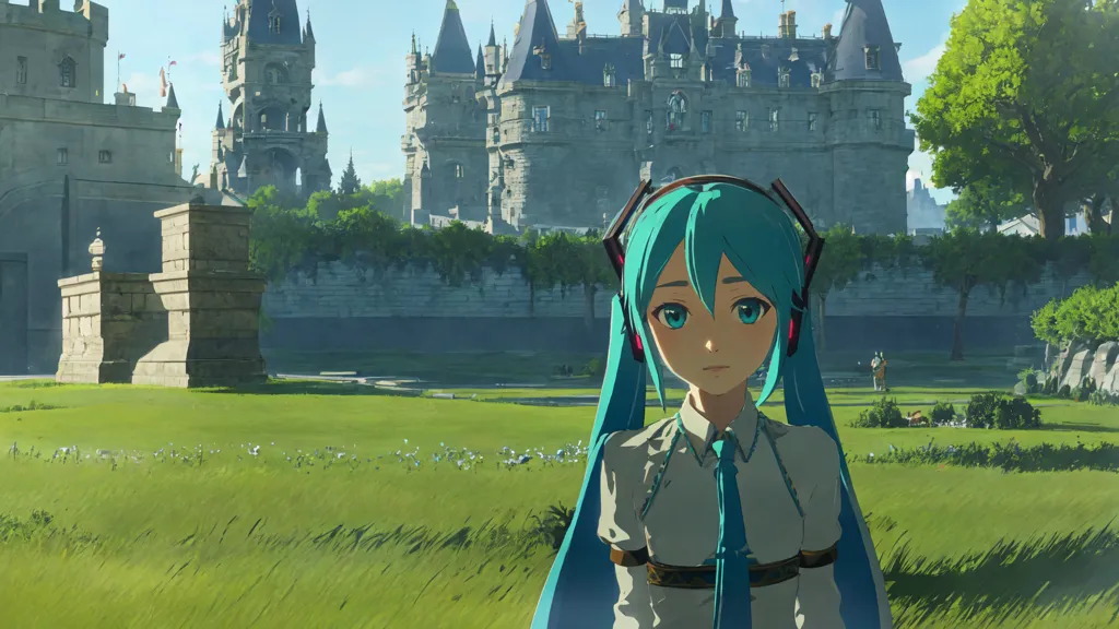 The image is of a video game character, Hatsune Miku, standing in a field in front of a castle. The castle is made of gray stone and has a large gatehouse with two towers. The field is green and grassy, with a few trees and flowers. Hatsune Miku is wearing a white shirt and blue headphones. She has long blue hair and green eyes. She is looking at the castle with a sad expression on her face.