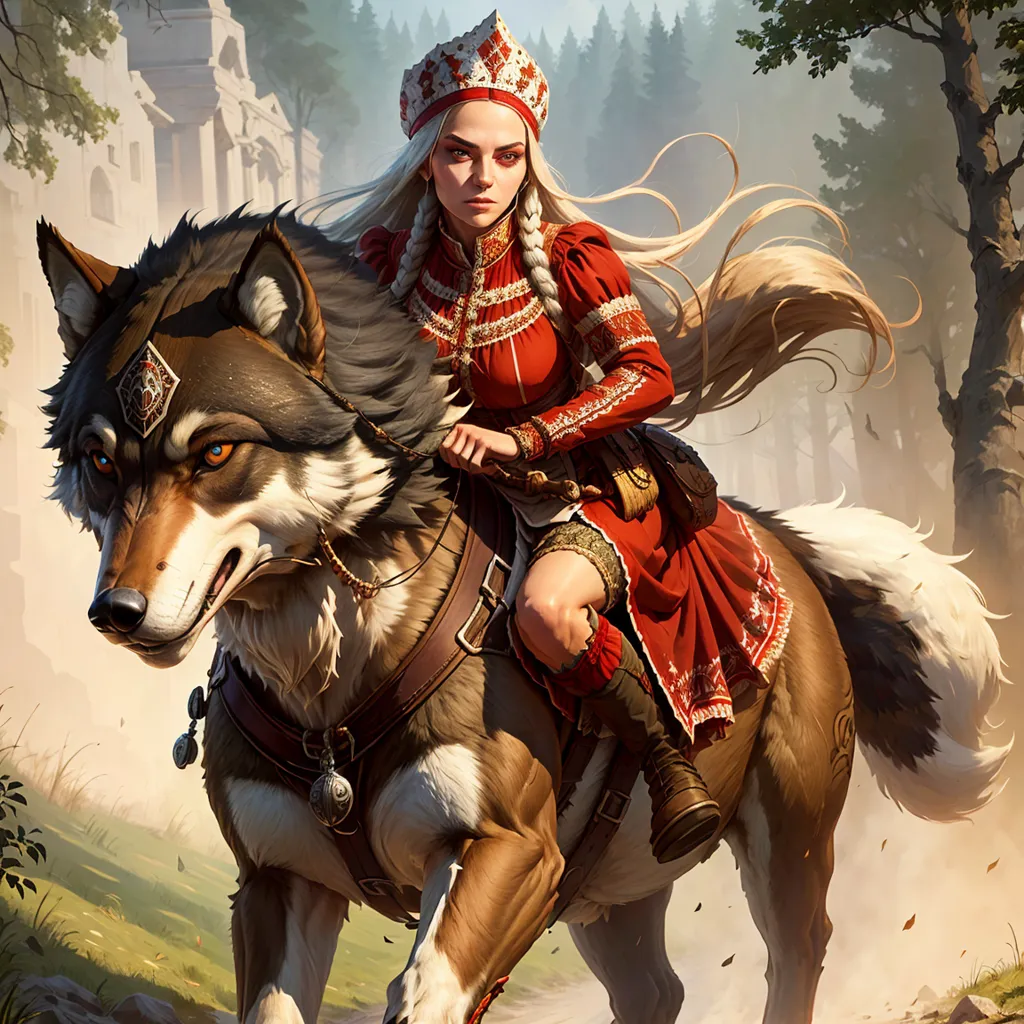 The image is of a woman riding a wolf. The woman is dressed in a red and gold dress with a fur cape. She has long blond hair and a crown on her head. The wolf is brown and white with a black mane. It is running through a forest and looks like it is being chased.