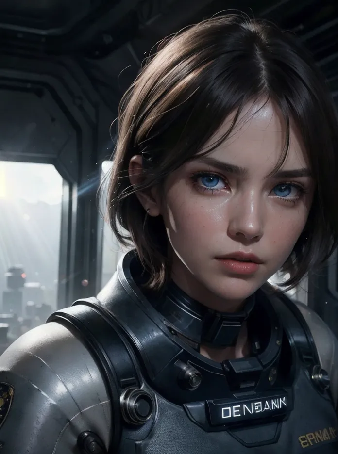 The image is a portrait of a young woman with short brown hair and blue eyes. She is wearing a black and gray bodysuit with a high collar. The bodysuit has a badge on it that says "DENBIANK". The woman's expression is serious and determined. She is standing in front of a blurred background of a spaceship interior.