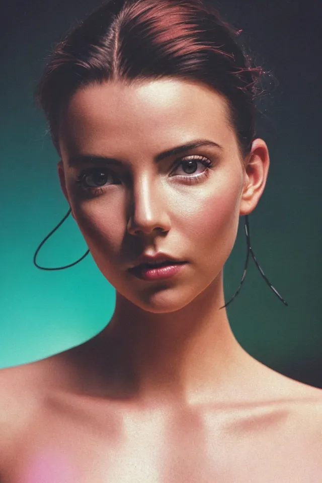 The image is a portrait of a young woman with brown hair and light eyes. She is wearing a black choker and has a serious expression on her face. The background is a dark green color. The image is taken at a close-up angle, which makes the woman's features appear larger than they actually are. The woman's skin is flawless and her eyes are bright and clear. Her hair is styled in a bun and she is wearing a light shade of makeup. The image is well-lit and the colors are vibrant. The overall effect of the image is one of beauty and mystery.