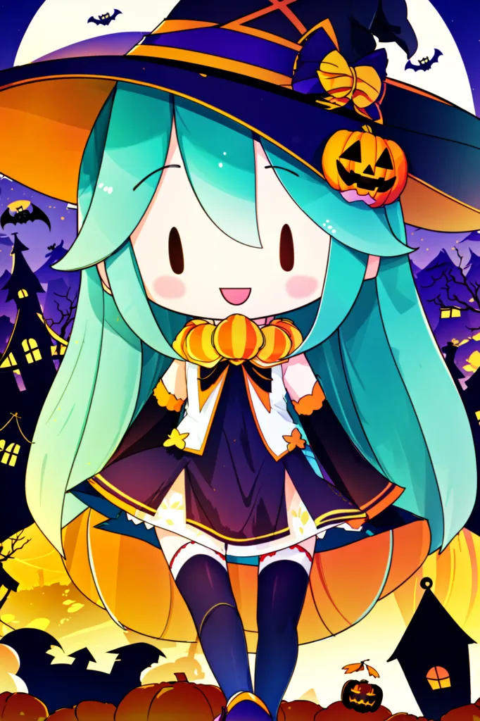 The image is of an anime-style chibi girl with long green hair and blue eyes. She is wearing a witch hat with a jack-o-lantern on it, and a black and orange dress with a white collar. She is also wearing black stockings and brown boots. She is sitting on a large pumpkin, and there are pumpkins all around her. In the background, there is a haunted house with bats flying around it. The moon is full, and there are stars in the sky. The overall tone of the image is cute and spooky.