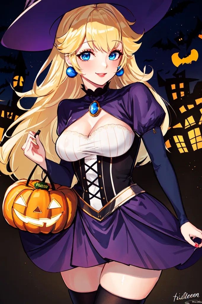 The image is of Princess Peach from the Mario series dressed as a witch for Halloween. She is wearing a purple and black witch hat with a large brim and a white collar. Her dress is purple with a white camisole and a black corset. She is also wearing black boots and a large necklace with a blue gem in the center. Her hair is long and blonde and she has blue eyes. She is carrying a jack-o'-lantern in her right hand. The background is a dark night sky with bats flying around.