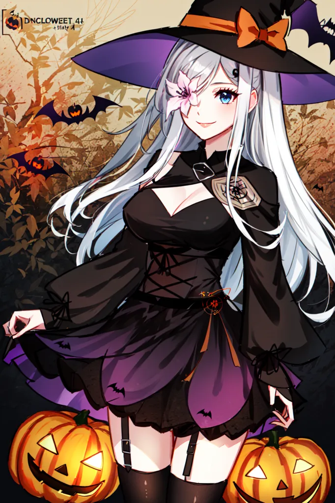 L'image représente une jeune fille de style anime aux longs cheveux blancs et aux yeux bleus. Elle porte un chapeau de sorcière et une robe noire avec un corset violet. Elle porte également des bas hauts et des bottes noires. Elle tient deux citrouilles dans ses mains. Il y a des chauves-souris et des arbres sans feuilles en arrière-plan.