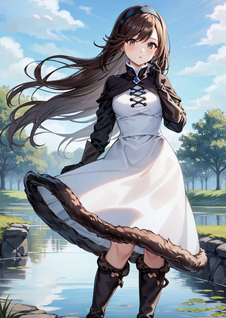 This image shows a young woman standing near a river. She is wearing a white dress with a brown fur trim and a black corset. She also has brown boots and a blue ribbon in her hair. The woman has long brown hair and blue eyes, and she is looking at the viewer with a gentle smile. In the background, there is a forest and a blue sky with white clouds.