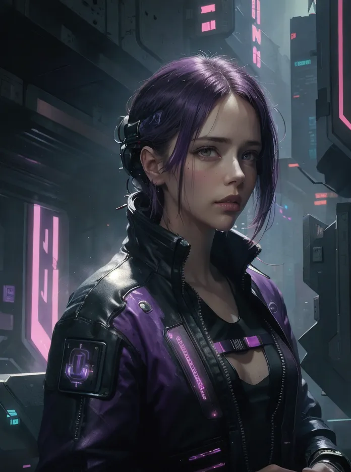 A young woman with purple hair is standing in a dark room. She is wearing a black leather jacket and a purple shirt. The room is lit by pink and blue lights. There are machines and other objects in the background.