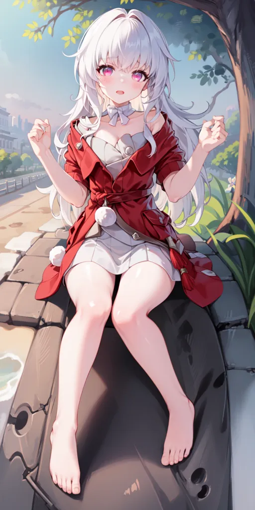 The image depicts an anime-style girl with long white hair and purple eyes. She is wearing a red coat with a white dress underneath. She is sitting on a stone railing with her feet dangling off. The background is a blurred cityscape with a river running through it.