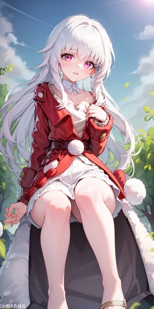 The image is a painting of a young woman with long white hair and purple eyes. She is wearing a red coat with a white collar and a white dress. She is sitting on a rock in a forest. The background is a blue sky with white clouds. The painting is in a realistic style and the woman is depicted in a moe style.