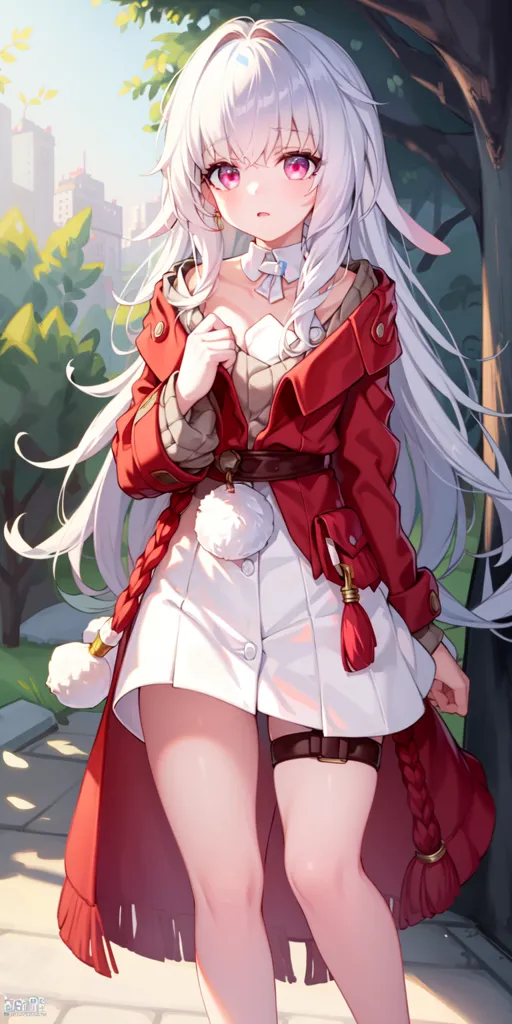 The image is an anime-style drawing of a young woman with long white hair and red eyes. She is wearing a white dress with a red coat and a brown belt with a white bunny tail on it. She is also wearing a pair of brown boots. She is standing in a city street with a tree behind her. The background is blurred.