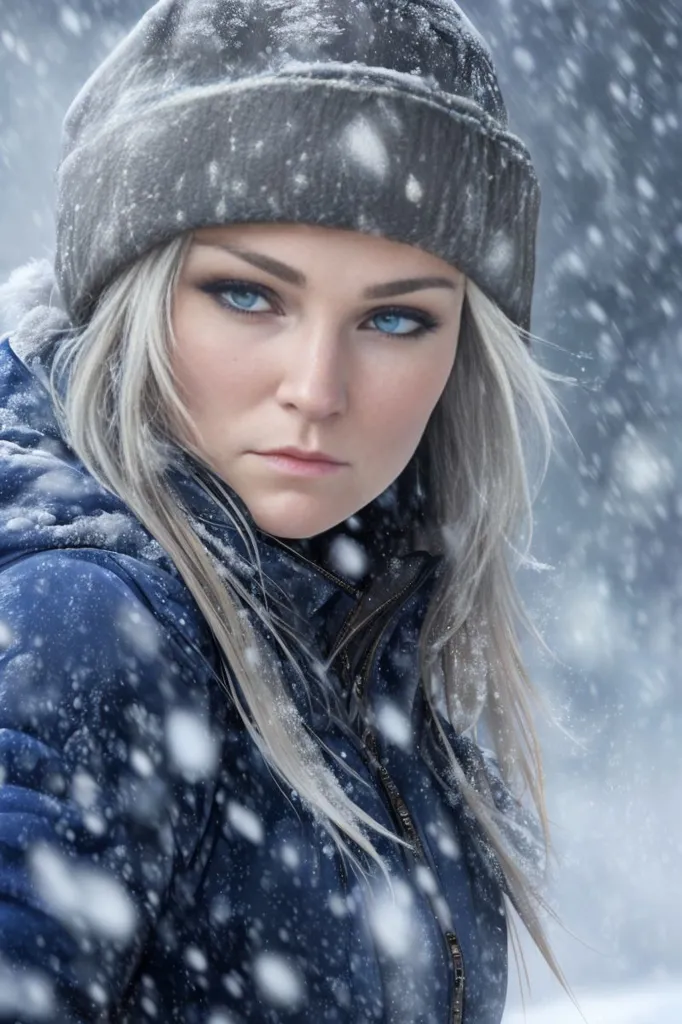 The picture shows a young woman wearing a gray beanie and a blue winter jacket with a high collar. The hood of the jacket is down, revealing her long white hair. The woman has fair skin and blue eyes, and her lips are slightly parted. She is standing in a snowy forest, and the snowflakes are falling around her. The background is blurred, and the woman is the only thing in focus.