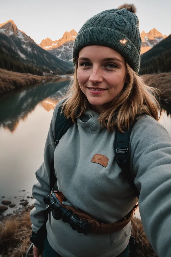 The image shows a young woman standing in front of a mountain lake. She is wearing a green beanie and a gray sweatshirt. She has a camera hanging around her neck and a backpack on her back. The lake is surrounded by snow-capped mountains. The water is calm and still. The sky is blue with some light clouds. The woman is smiling and looking at the camera.