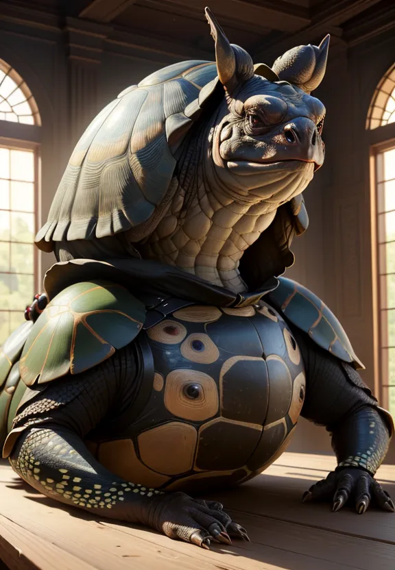 The image depicts a large, anthropomorphic turtle creature sitting on a wooden table. The turtle is wearing a suit of armor and has a large, ornate shell. Its skin is a light brown color, and its eyes are a deep blue. The turtle is sitting in a relaxed pose, with its hands resting on the table. The background of the image is a large, wooden room with two windows.