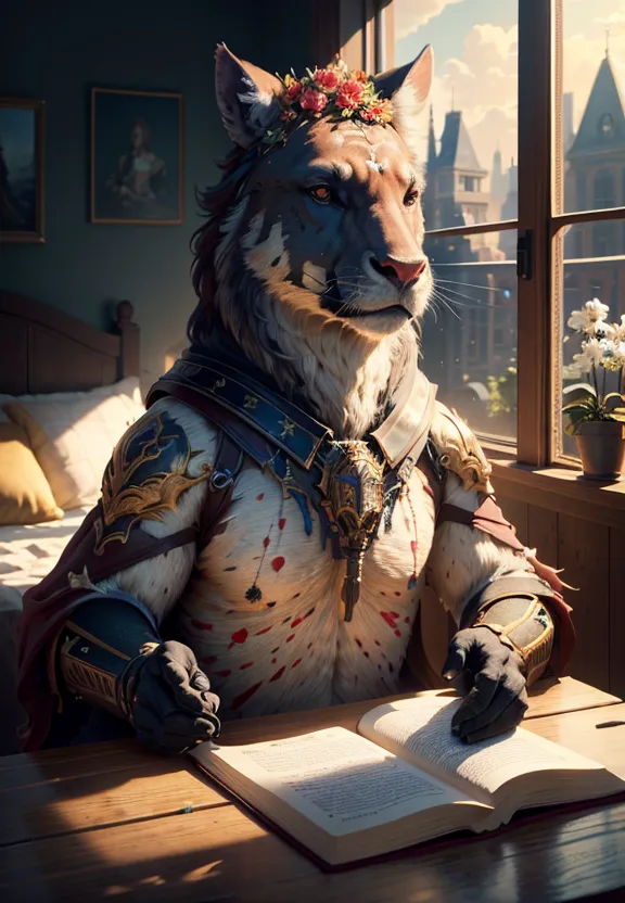 The image shows a muscular, anthropomorphic lion wearing a golden necklace and shoulder pads. He is sitting at a desk, reading a book. The desk is made of wood and has a quill and inkwell on it. There is a window to the right of the desk, and a bed to the left. The lion's fur is light brown, and his eyes are green. He has a thoughtful expression on his face.