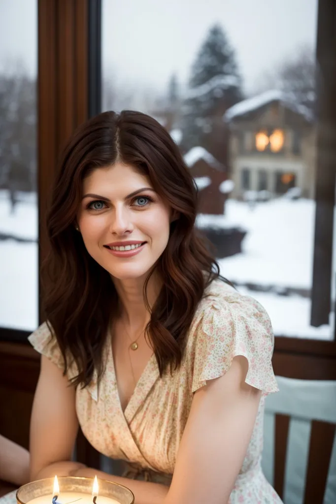 The image shows a young woman sitting at a table in front of a window. She has long, wavy brown hair and blue eyes. She is wearing a white dress with a floral pattern. The woman is smiling and looking at the camera. There is a lighted candle on the table. There is a house in the background. The house is surrounded by snow.