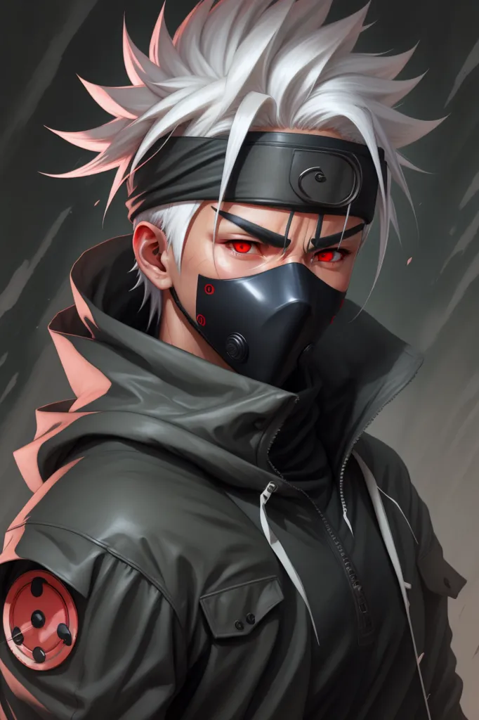 Esta é uma imagem de um personagem de anime com cabelo branco e olhos vermelhos. Ele está usando uma máscara preta e um casaco preto com um símbolo vermelho na manga. Ele tem uma bandana com uma placa de metal nela. Ele parece ser da série Naruto.