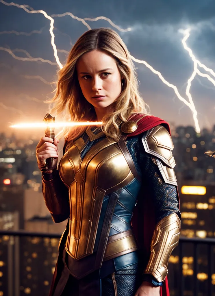 This image shows a woman standing on a rooftop. She is wearing a golden and red superhero suit and holding some kind of weapon in her right hand. The background is a dark city with lightning in the sky. The woman has long blond hair and a determined expression on her face. She is standing with her feet shoulder-width apart and her shoulders back. The image is cropped so that only her head and shoulders are visible.