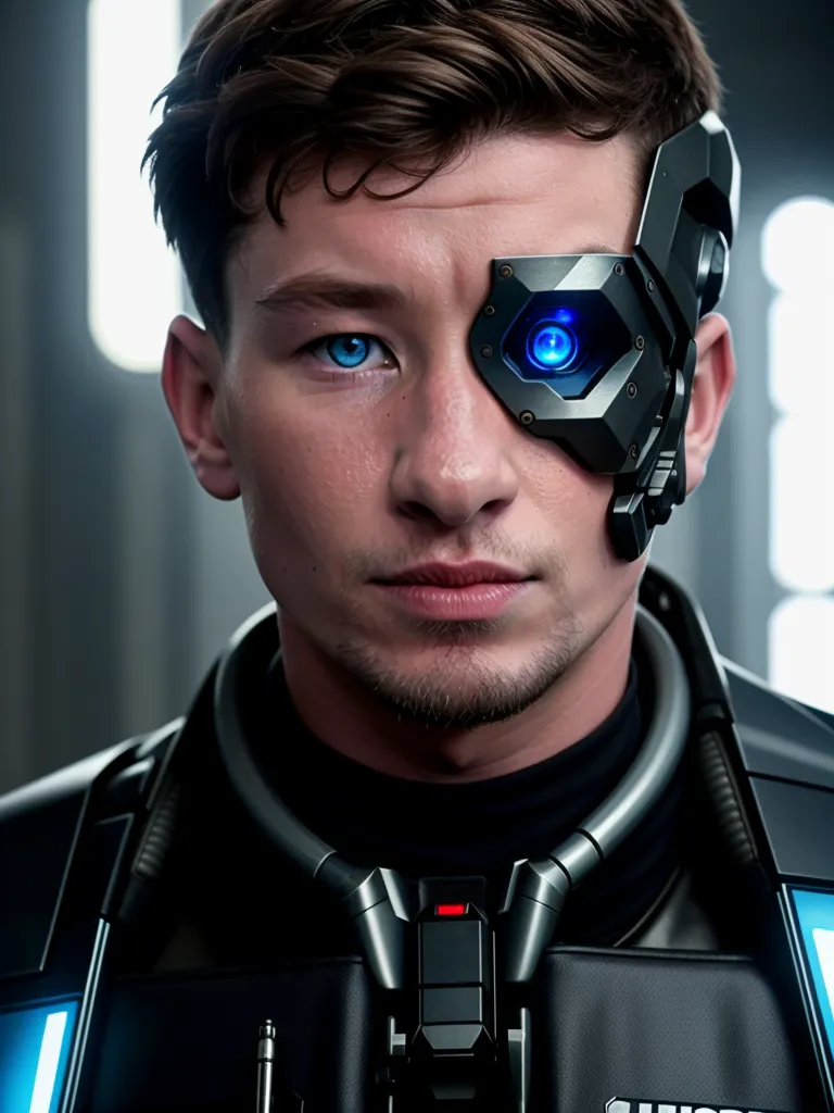 This is a picture of a young man with short brown hair and blue eyes. He is wearing a black leather jacket with a silver collar and a strange device on his left eye. The device has a blue light in the center. The man's expression is serious.