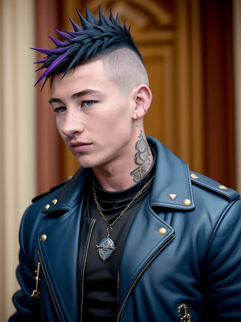 La imagen muestra a un hombre joven con un peinado punk. Su cabello es corto y puntiagudo, y está teñido de azul y morado. Tiene un undercut afeitado. Sus cejas son gruesas y oscuras, y sus ojos son de un color azul claro. Tiene una nariz pequeña y un labio inferior lleno. Su barbilla es puntiaguda y su mandíbula está definida. Lleva una chaqueta de cuero negro con botones plateados. La chaqueta tiene cuello y solapas. También lleva una cadena de plata con un colgante. Tiene un tatuaje en el cuello. El tatuaje es un diseño tribal negro.