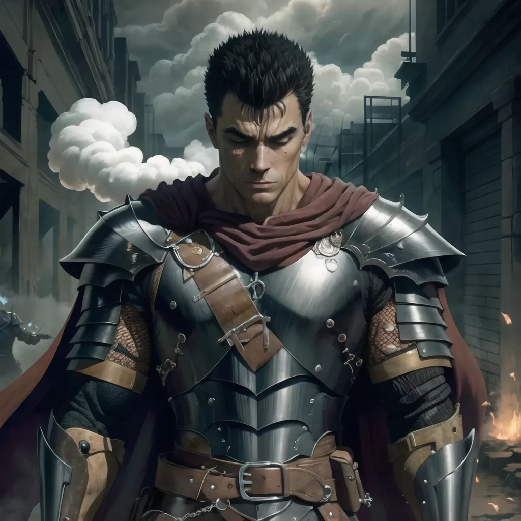 This is an image of a man in a suit of armor. He has a sword on his left hip and a red scarf around his neck. He is standing in a ruined city. There are clouds of smoke in the background. The man has a determined expression on his face. He is looking towards the viewer's left.