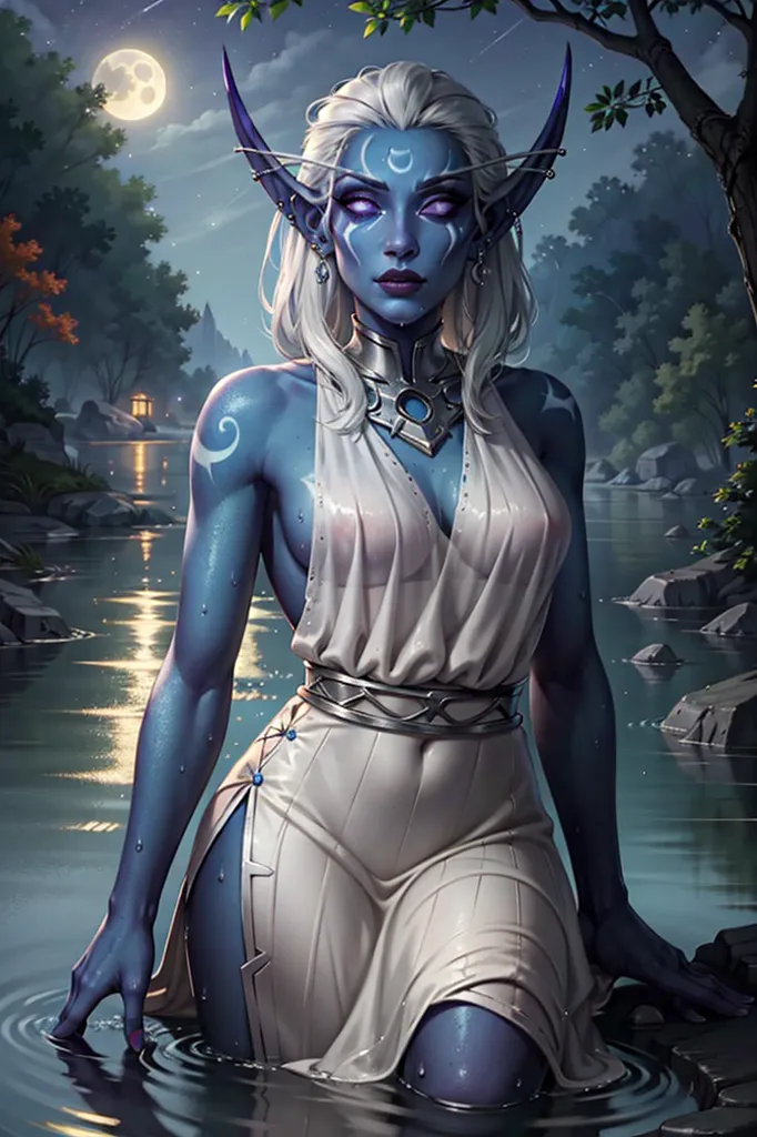 Esta es una imagen de una hembra elfa de la noche de piel azul de la serie de videojuegos de Warcraft. Ella está de pie en un río, con la luz de la luna brillando sobre ella. Lleva un vestido blanco con un cinturón dorado, y su largo cabello blanco fluye detrás de ella. Tiene una expresión decidida en su rostro, y sus ojos brillan con poder.