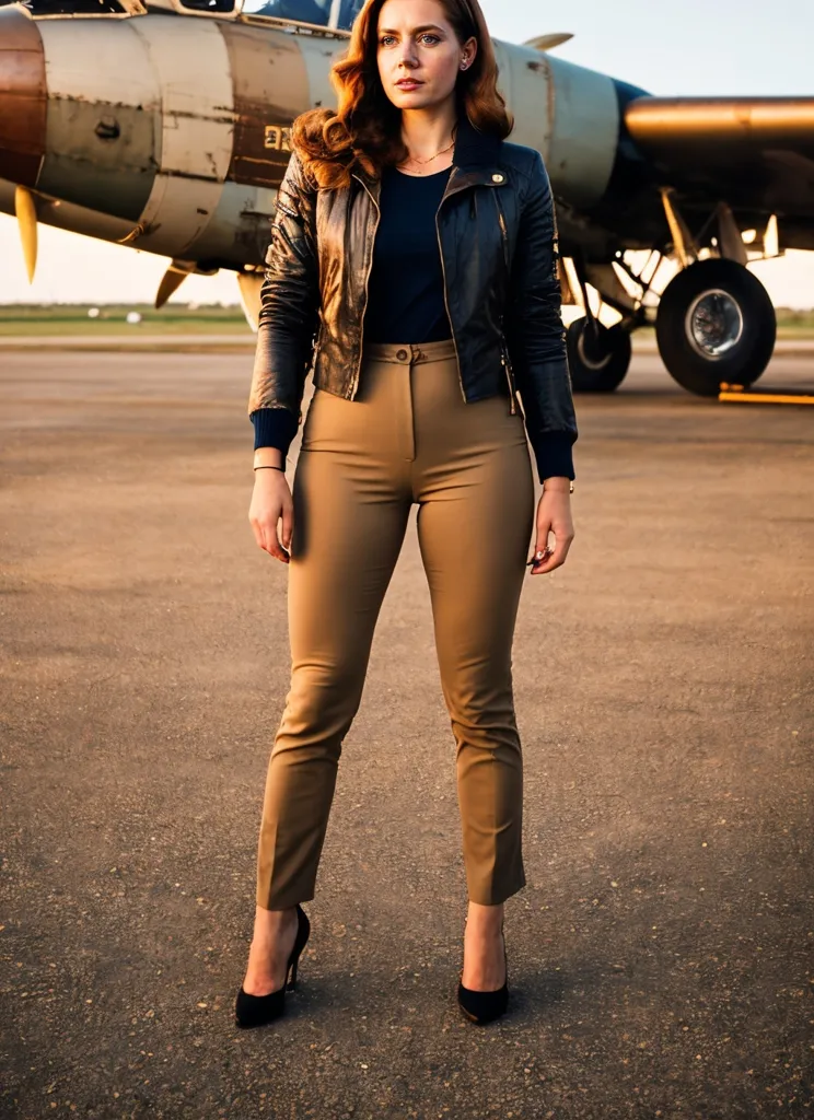 La imagen muestra a una mujer de pie frente a un avión. La mujer lleva una chaqueta de cuero marrón, una camisa azul y pantalones marrones. También lleva tacones altos negros. La mujer tiene el cabello largo y rojo y mira a la cámara. El avión es antiguo y tiene mucho daño. La imagen se toma desde un ángulo bajo, lo que hace que la mujer parezca poderosa y segura de sí misma.