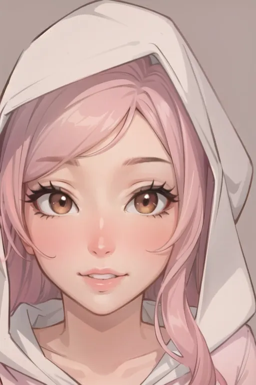 The image is a digital painting of a young woman. She has pink hair and brown eyes, and is wearing a white hoodie. The image is drawn in a realistic style, and the artist has paid close attention to detail. The woman's expression is one of happiness.