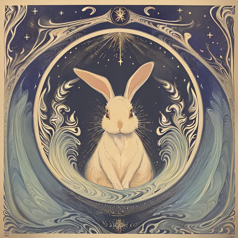 The image is a depiction of a rabbit. The rabbit is white and is sitting in the center of the image. The rabbit is surrounded by a blue and white circle. The circle is made up of waves and stars. The rabbit is looking at the viewer. The rabbit has long ears and a fluffy tail. The image is drawn in a realistic style and the colors are vibrant.