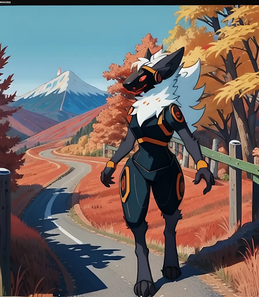 The image is of a character with a black and white color scheme standing on a rural road. The character is standing on the right side of the road, with a forest of orange trees on the left and a mountain in the distance. The character is wearing a black and yellow outfit and has a determined expression on its face. The image is drawn in a semi-realistic style with soft shading and highlights.