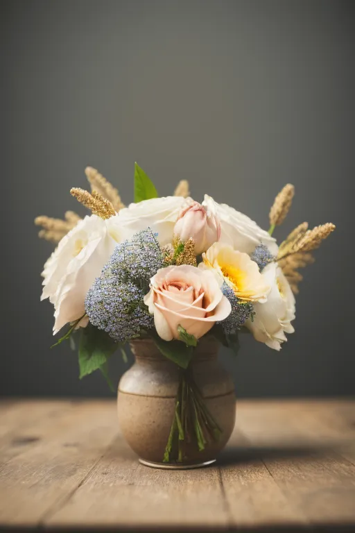 The image shows a vase of flowers. The vase is a ceramic material and is tan in color. The flowers are white, pink, and yellow roses along with some greenery and wheat. The background is a dark brown. The table is a light brown wood.