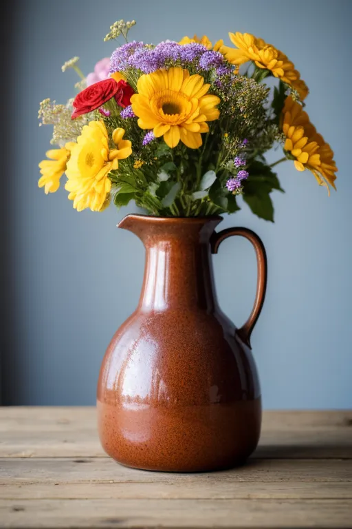 この画像には、花瓶に入った花束が写っています。花瓶は茶色の陶器製です。花は主に黄色で、赤、ピンク、紫の花もいくつか混ざっています。花は視覚的に魅力的な配置になっています。背景は青い壁で、花の色合いとのコントラストが良好です。画像は低い角度から撮影されており、花が大きく見えるようになっています。