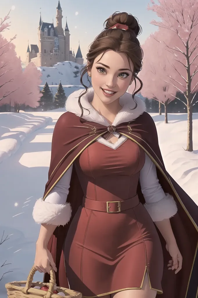 This is an image of a beautiful young woman, with brown hair up in a bun, wearing a red dress with a white camisole and brown fur-lined cape. She is walking through a snowy forest, carrying a basket. In the background, there is a large castle. The woman has a serene smile on her face.