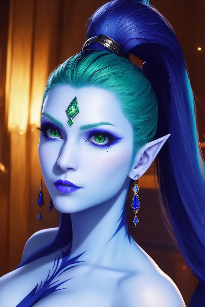 The picture shows a beautiful elf woman with blue skin and green hair. She has long, pointed ears and green eyes. She is wearing a blue and green outfit and has a diamond-shaped gem in the center of her forehead. She is also wearing blue and green earrings.