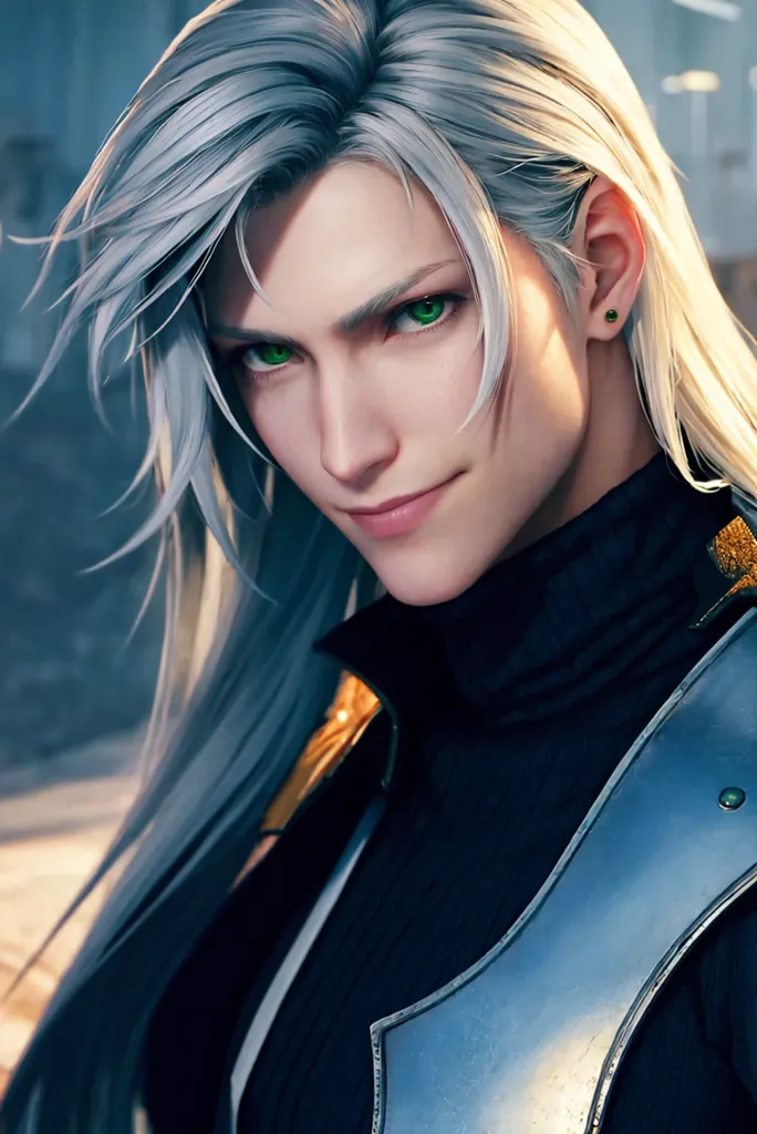 The image shows a young man with long silver hair and green eyes. He is wearing a black turtleneck shirt and a silver pauldron on his right shoulder. He has a small smile on his face and is looking at the viewer. He is standing in a dark room with a stone wall in the background.