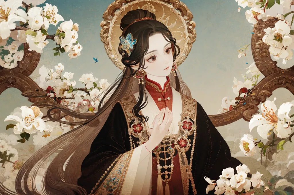 This is an image of a Chinese woman in traditional Chinese clothing. She is standing in a garden with a large tree behind her. The tree is covered in white and pink flowers. The woman is wearing a black and red dress with intricate gold and silver embroidery. She has a butterfly hairpin in her hair and is wearing a necklace and earrings. The woman is looking at the viewer with a serene expression.