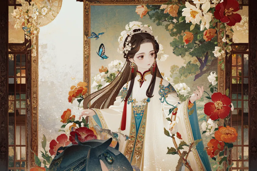 The image is a painting of a young woman in a traditional Chinese dress. She is standing in a garden, surrounded by flowers and trees. The woman is wearing a white dress with a blue sash and has long, flowing hair. She is also wearing a number of hair accessories, including a hairpin, earrings, and a necklace. The background of the painting is a traditional Chinese landscape, with mountains, trees, and clouds.