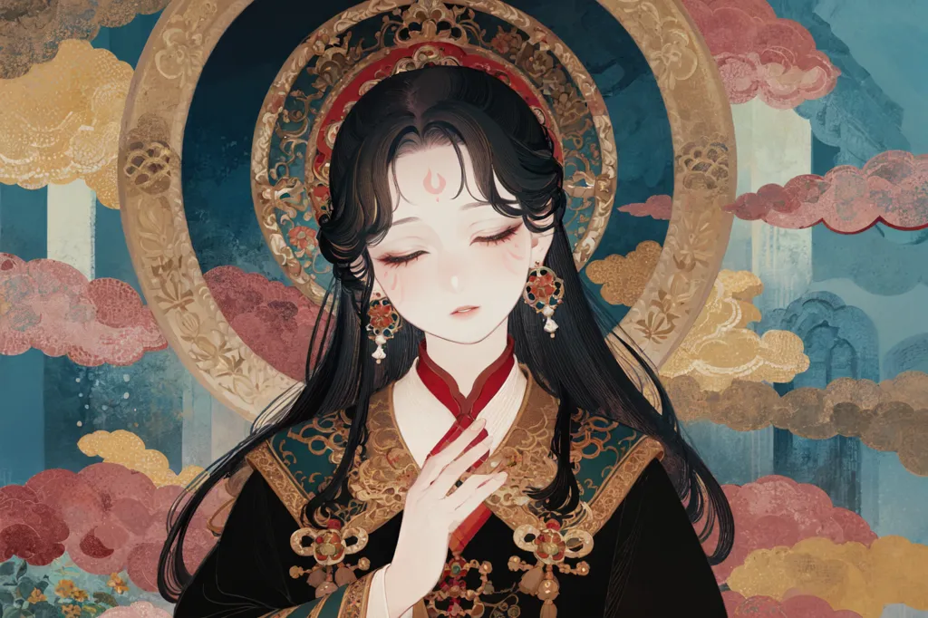 This image shows a young woman with long black hair and red and gold hair accessories. She is wearing a black and gold robe with intricate designs and a red sash. She has a serene expression on her face and is looking down with her eyes closed. There is a golden halo around her head and a blue and white cloud pattern in the background.