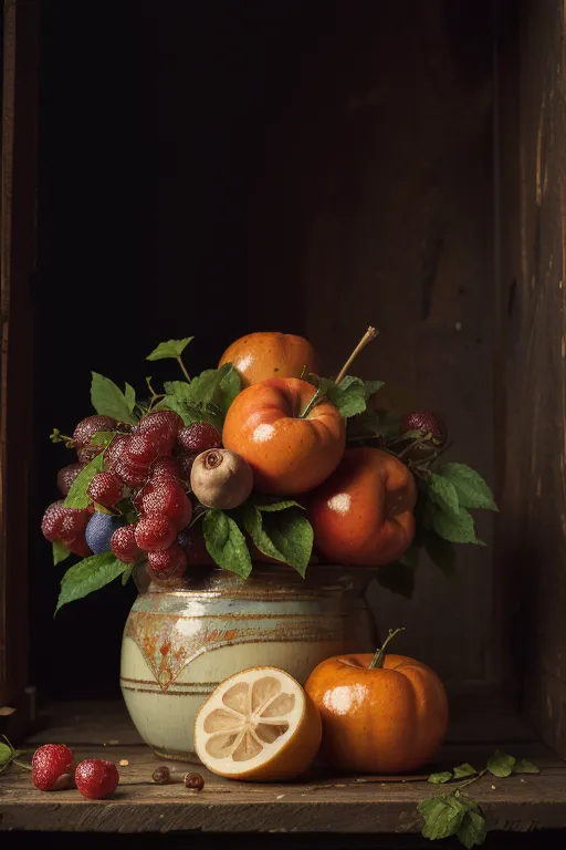 L'image est une nature morte d'un vase de fruits. Le vase est une cruche en céramique avec une large bouche et un cou étroit. Il est rempli d'une variété de fruits, notamment des pommes, des poires et des raisins. Les fruits sont disposés de manière désordonnée, et certains d'entre eux débordent du vase. L'arrière-plan de l'image est sombre, ce qui fait ressortir les fruits. L'image est éclairée de face, ce qui crée un sentiment de profondeur. L'effet global de l'image est celui d'une abondance et d'une richesse.