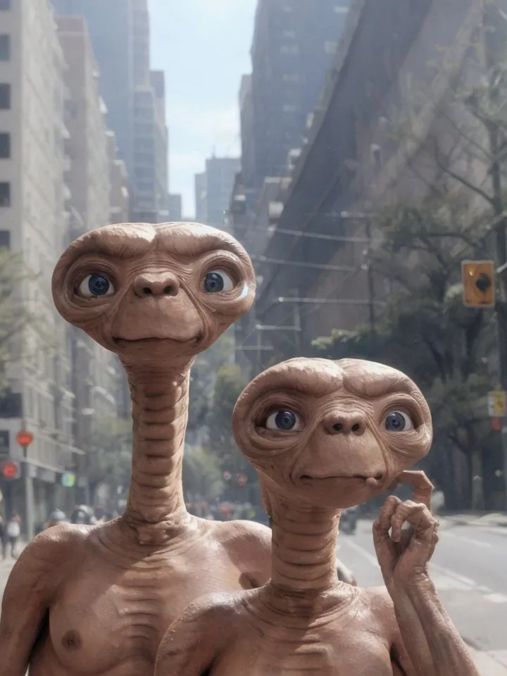 The image shows two extraterrestrial beings, commonly known as E.T.s, standing in an urban environment. They have large heads with big eyes and small bodies. Their skin is wrinkled and they have long, thin fingers. They are both looking at something with interest.