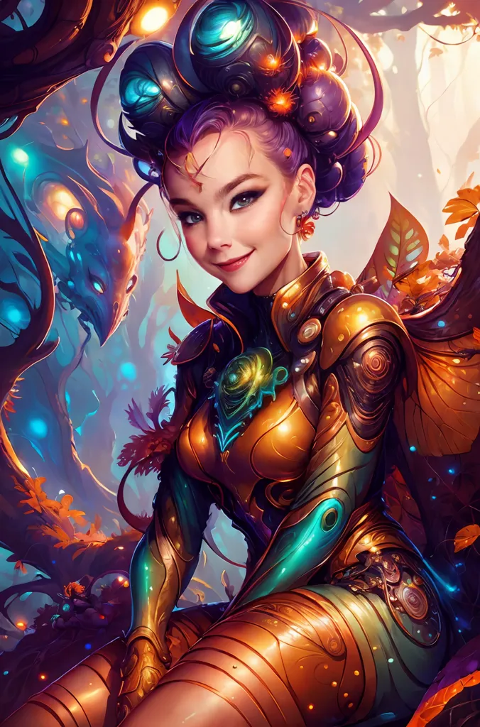 This is an image of a beautiful woman with long purple hair and blue eyes. She is wearing a golden armor with green and blue details. She is sitting on a branch in a forest, and there are some blue creatures flying around her. The background is a blur of green and blue leaves.